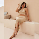 Robe gilet fendue deux pièces à rayures losanges de couleur unie